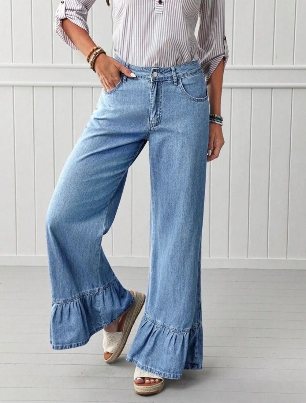 Light Wash Wide Leg Jeans Womens Ruffled Hem High Rise Denim Pants Trendy - Picture 5 of 8
